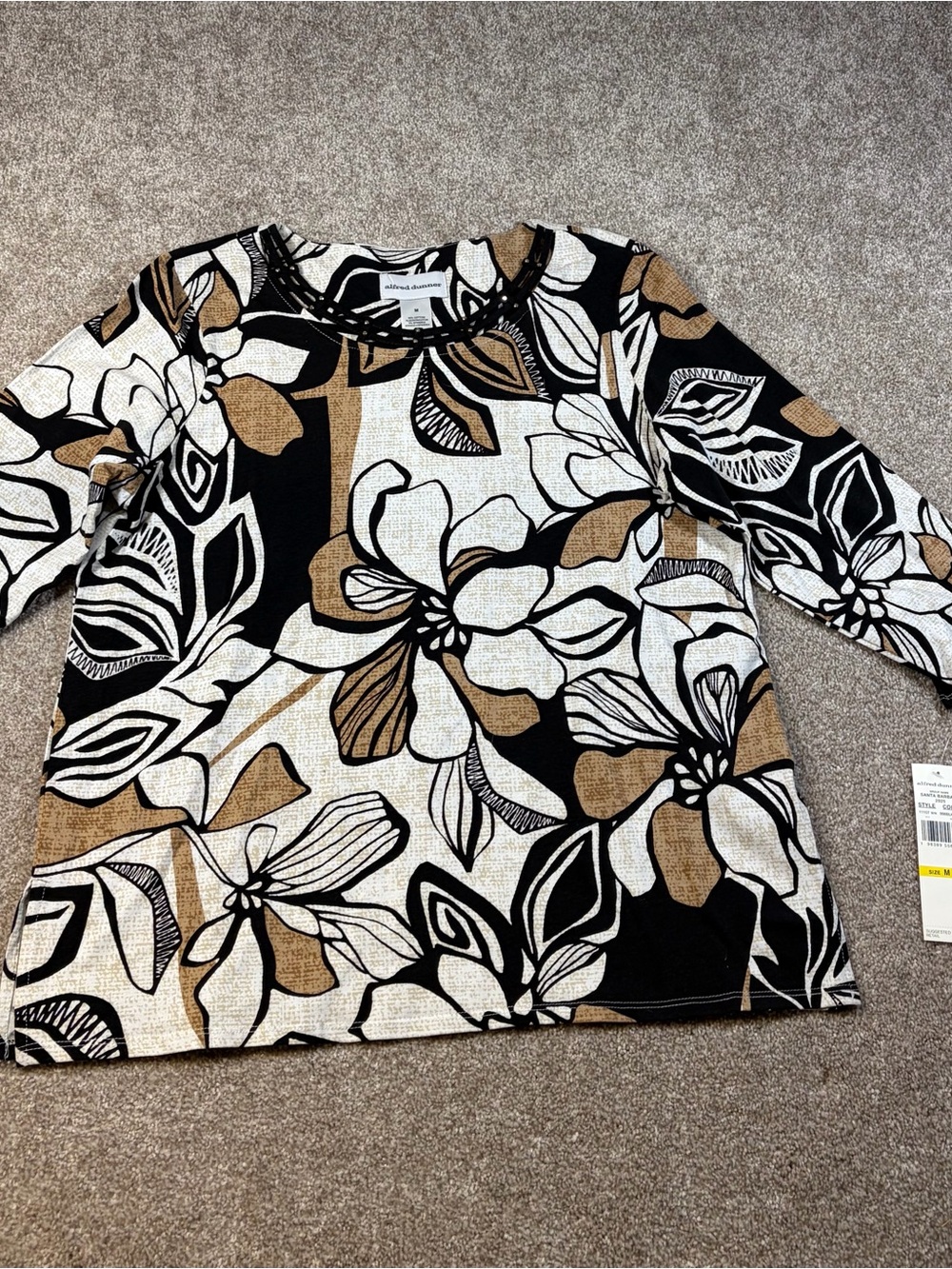 Alfred Dunner Floral Long Sleeve Top in Black, White & Tan